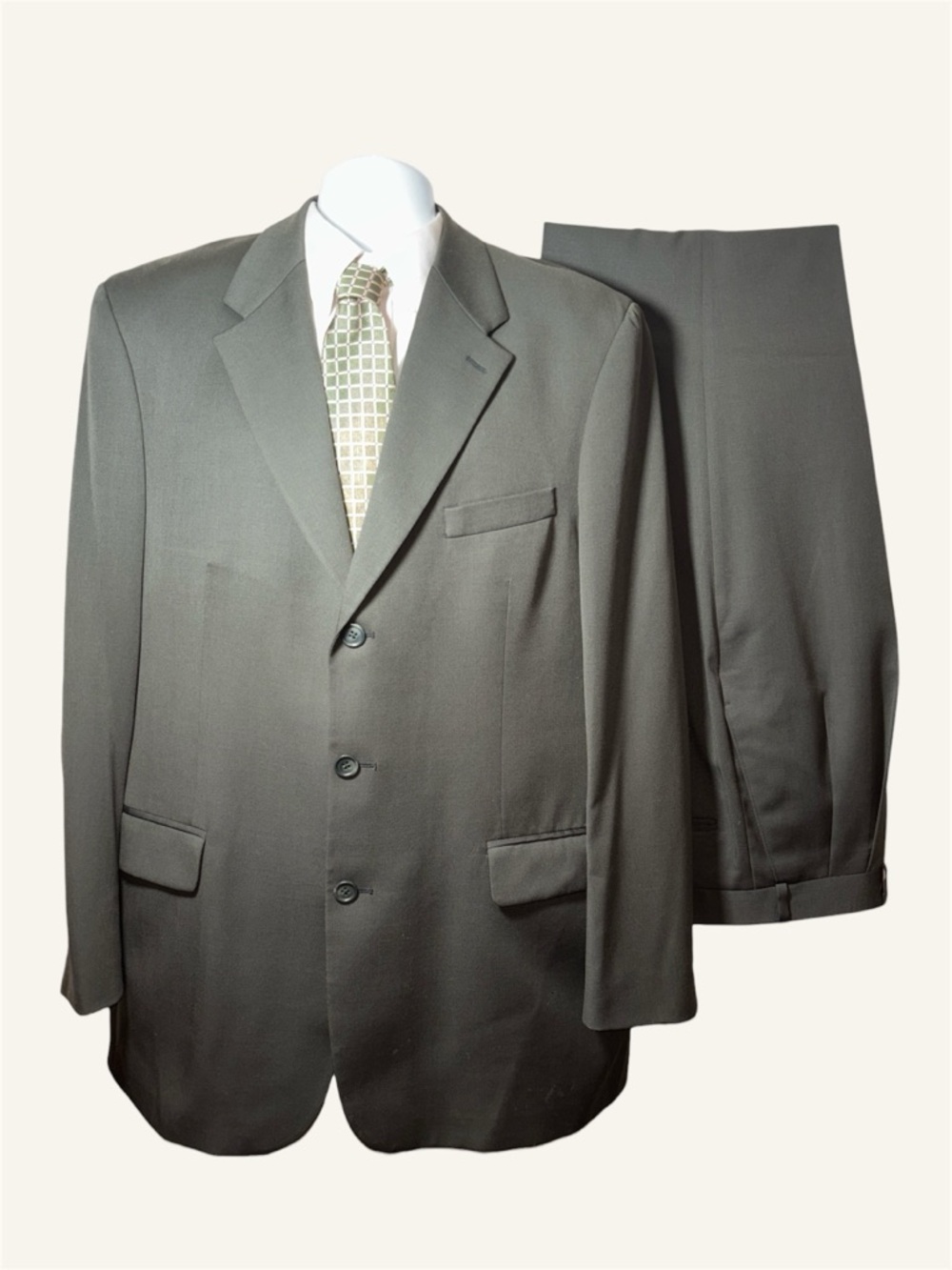 Men's Three-Button Olive Suit Jacket & Matching Trousers